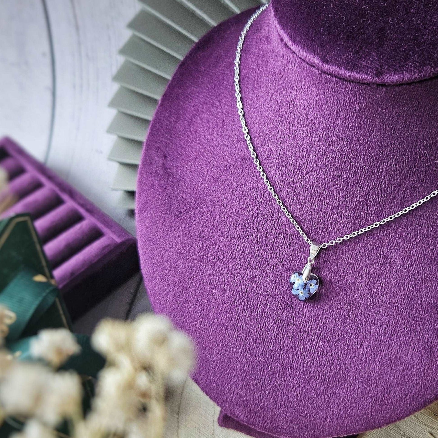 necklace with forget me not flowers
