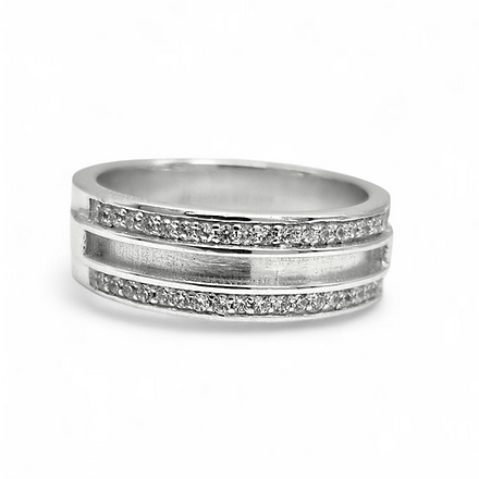 Silver ring with multiple bands on a white background