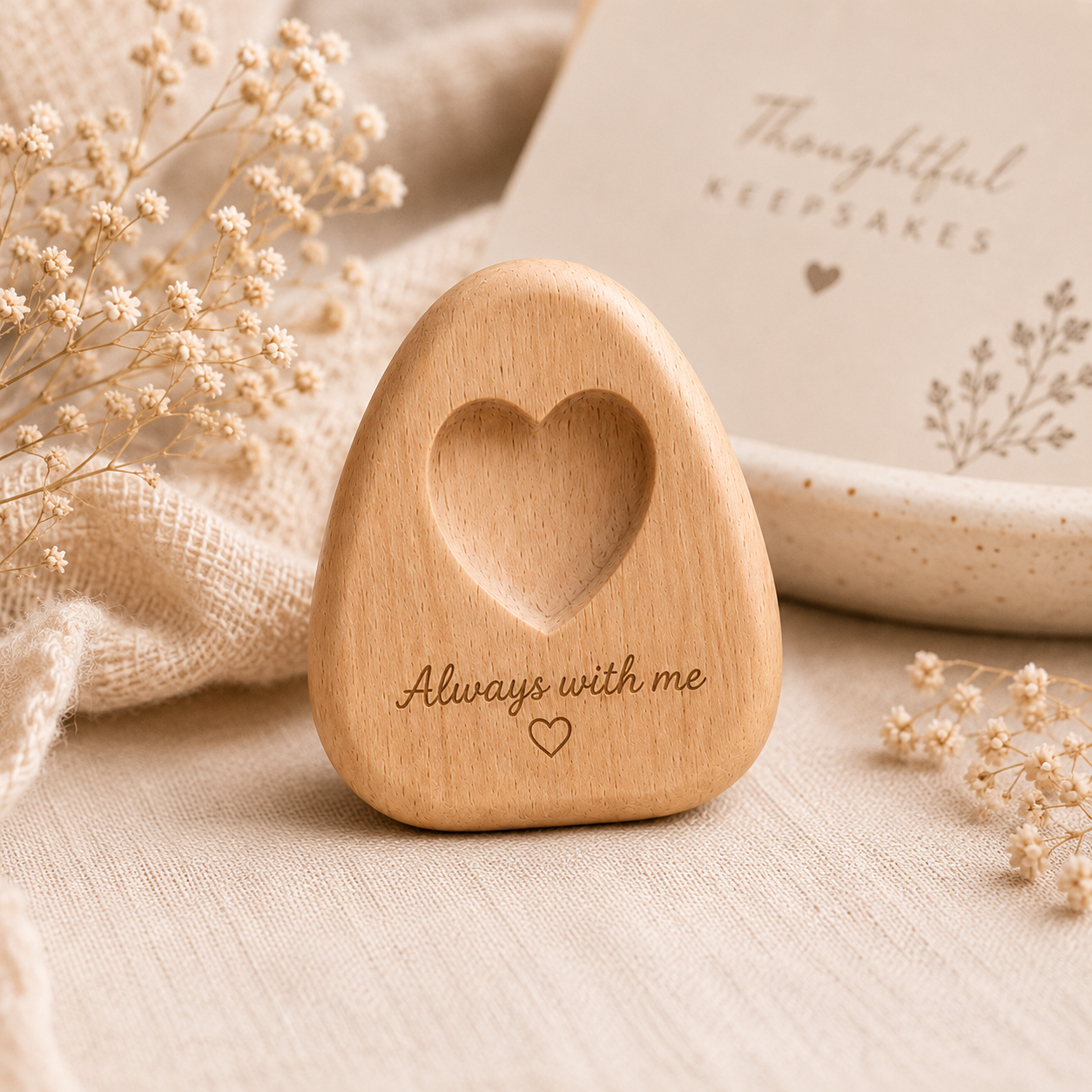 A small natural wood keepsake stone with a heart-shaped cutout and the engraved words 'Always with me' and a small heart, styled on a beige fabric surface with dried flowers and a ceramic dish in the background.