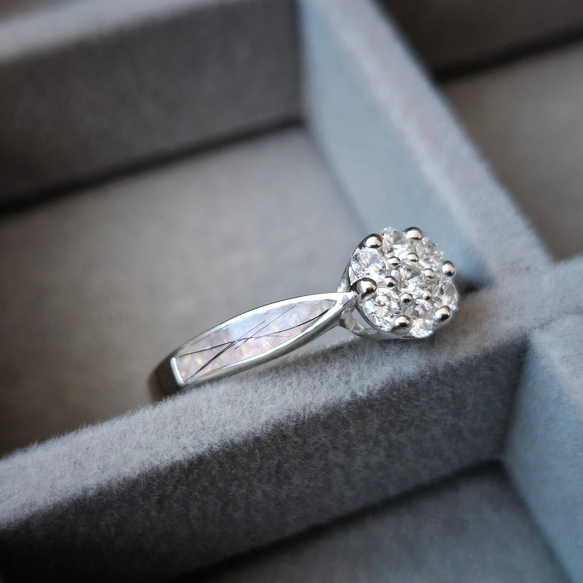 Diamond ring in a gray jewelry box