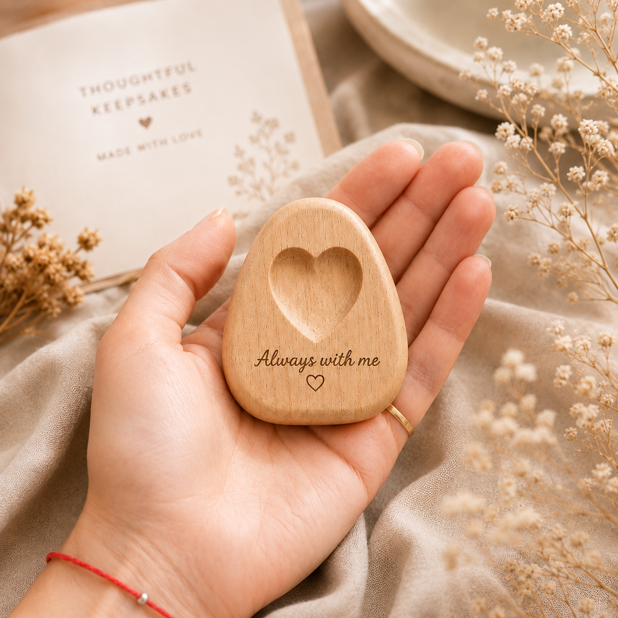 A hand holds a small engraved wooden keepsake stone with a heart-shaped cutout and the words 'Always with me' and a small heart. The scene is styled with beige fabric, dried flowers, and a card in the background.