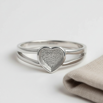 Silver ring with a textured heart-shaped design on a light background